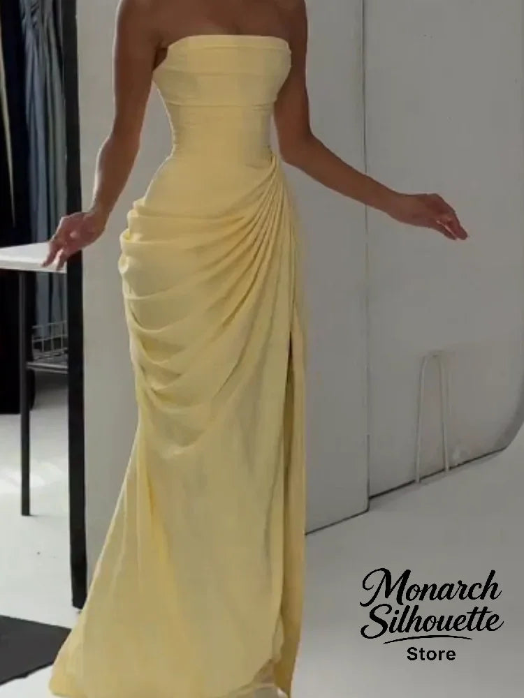 Elegant Yellow Strapless Pleated Long Dress Women Chic Solid Sleeveless Waist Cinching Split Gown 2026 Lady Evening Party Robes