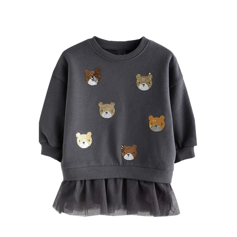 Jumping Meters 2-7T Bear Beading  Princess Girls Dresses For Autumn Spring Long Sleeve Party Girls Clothing Cute Baby Frocks