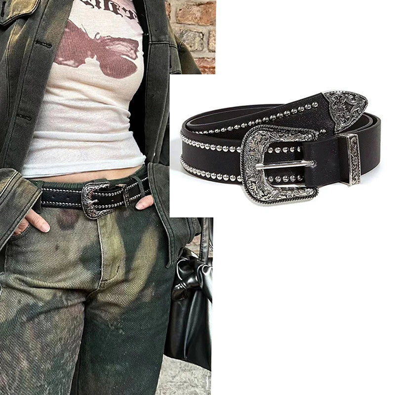 Z. Rivet Hollow Bullet Decoration Belt Fashion Leather Studded Goth Rock Wild Adjustable Women Punk Black Belt