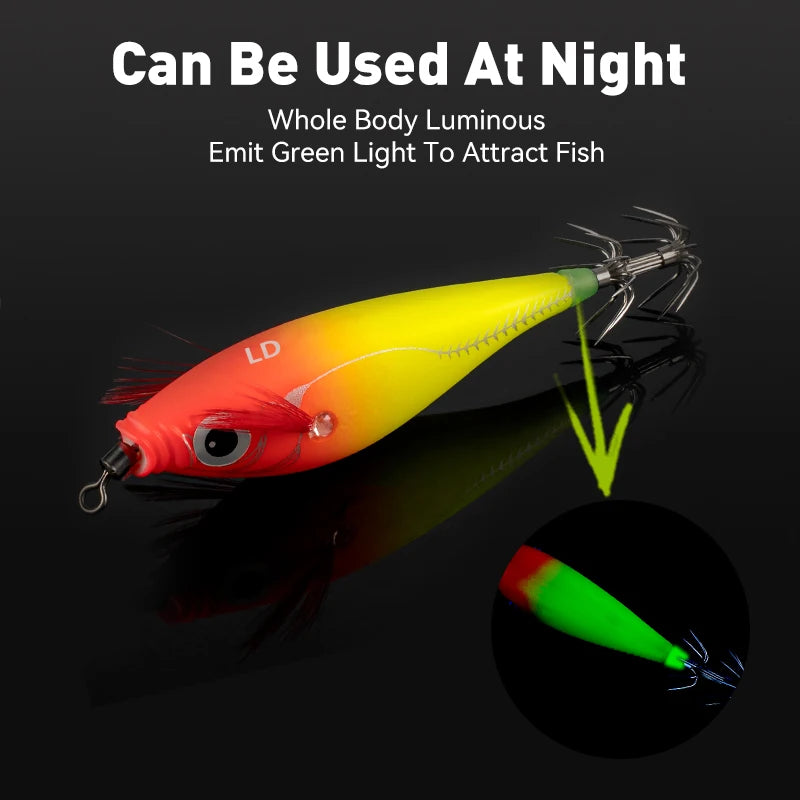 LEYDUN Luminous Horizontal Squid Jig Wood Shrimp Squid Hook 5pcs Fishing Lures LEYDUN Octopus Cuttlefish Shrimp Saltwater Baits