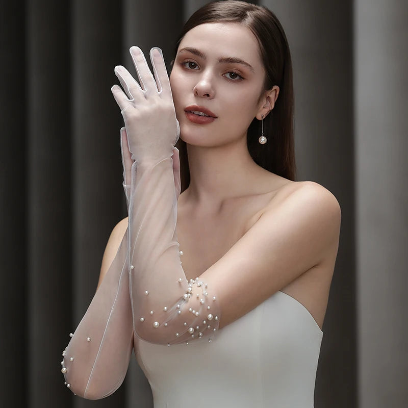 WG138 Bridal Gloves Heavy Handmade Beading Elegant Long Elegant Slim Wedding Dinner Party Tulle Gloves Wedding Accessories
