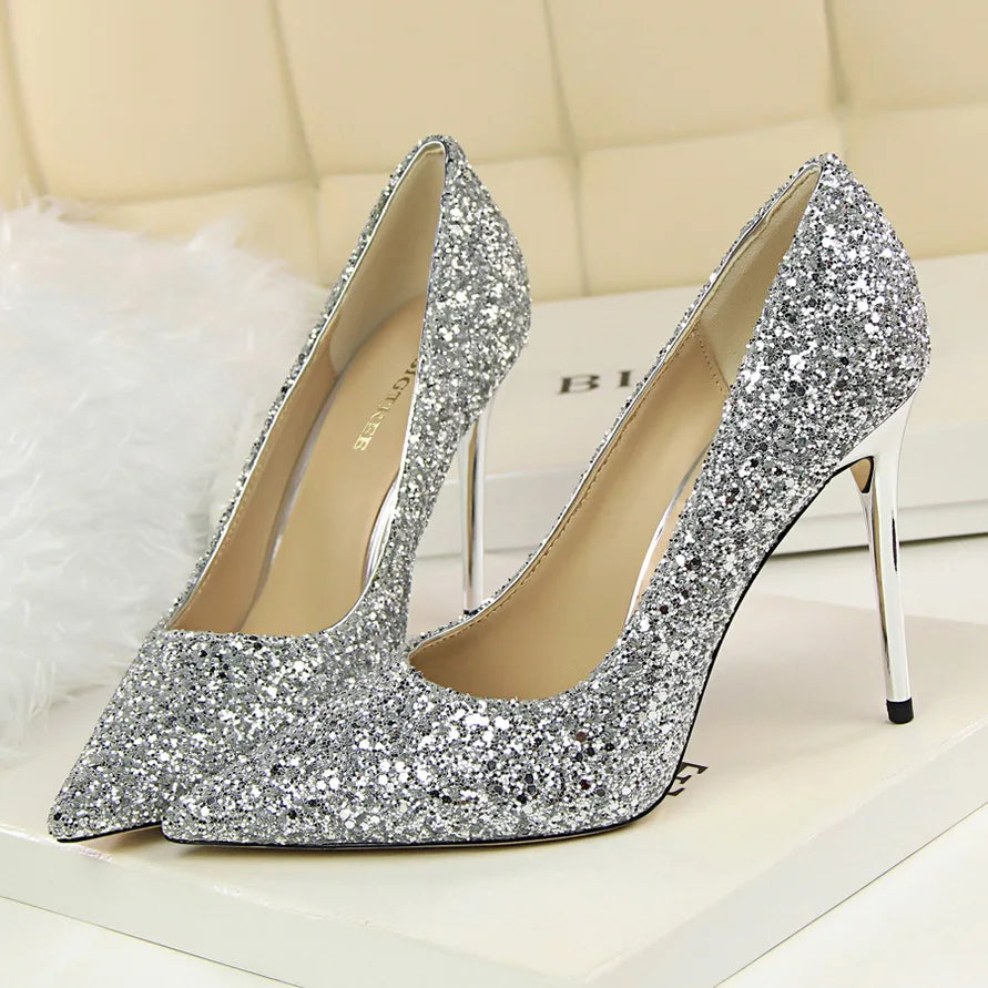 Women 7cm 9.5cm High Heels Bling Pumps Wedding Bridal Scarpins Sparkly Heels Lady Party Sequins Nightclub Evening Gold Red Shoes