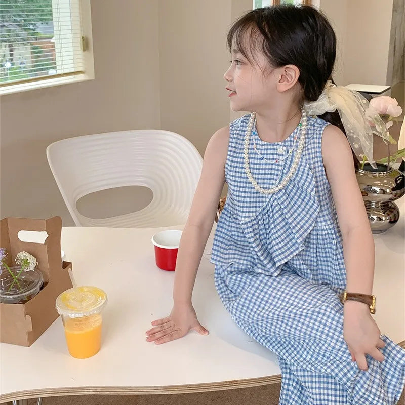 Summer Girls' Clothing Sets Plaid Fashion Version Personalized Top + Long Pants 2Pcs Baby Kids Children Clothes Suit