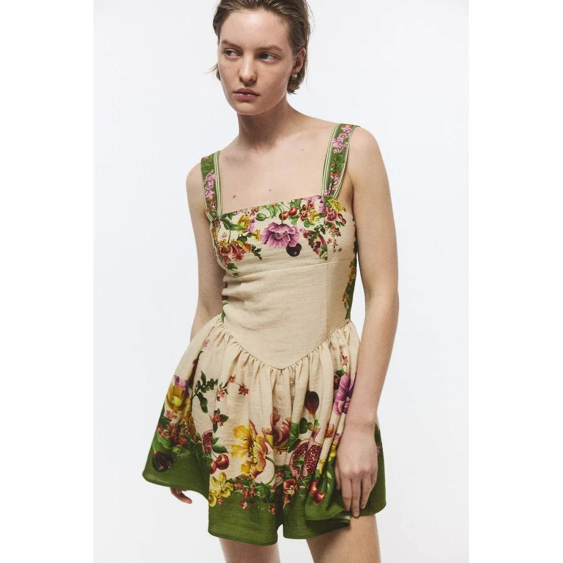 Elegant Fashion Floral Print Maxi Dress with Bell Sleeve Hemline Strapless A-Line Skirt Polyester Fabric City Walk Suitable