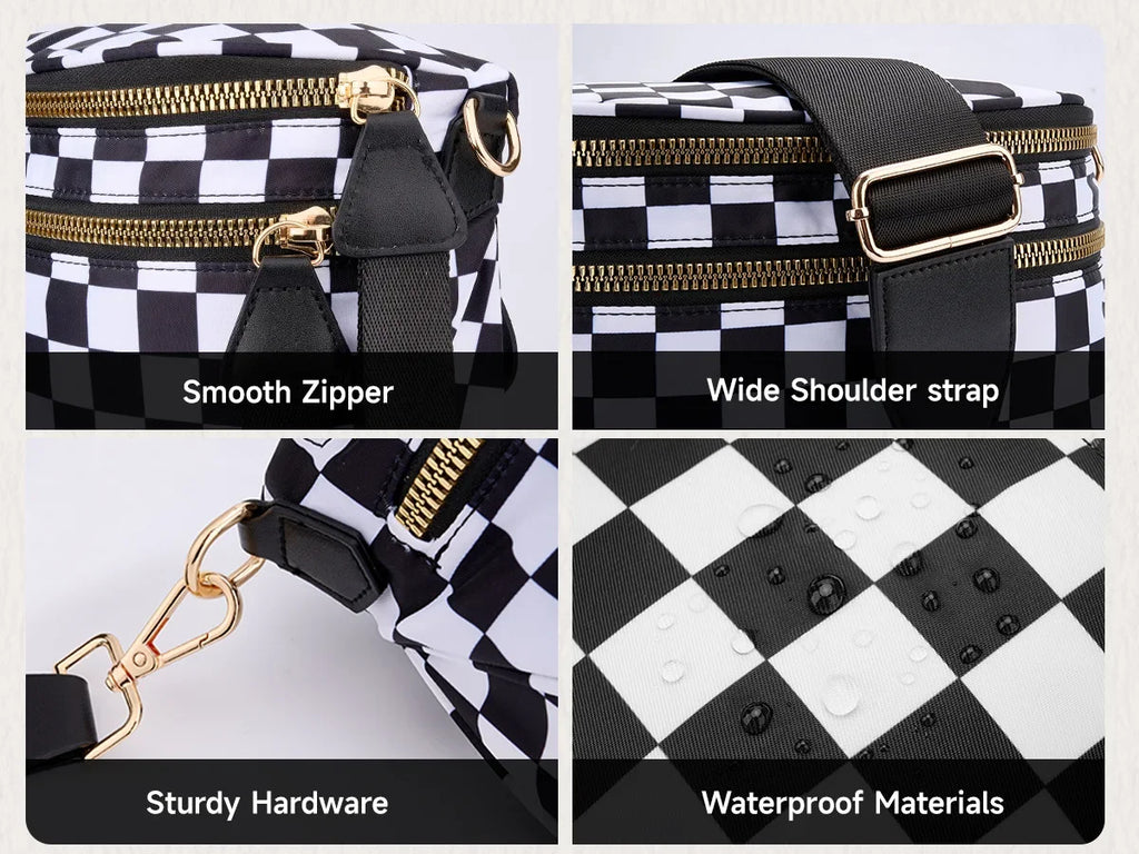 Women Checkered Bum Bag Casual Fanny Pack Large Capacity Crossbody Adjustable Strap Simple Shoulder Mommy Bag Daily Travel Tote