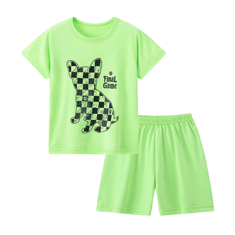 2 Pcs Summer Children's Fun Printed Shorts Short Sleeve Suit Boy Colorful Dinosaur Top Girl Sweet And Lovely Elastic Waist Short