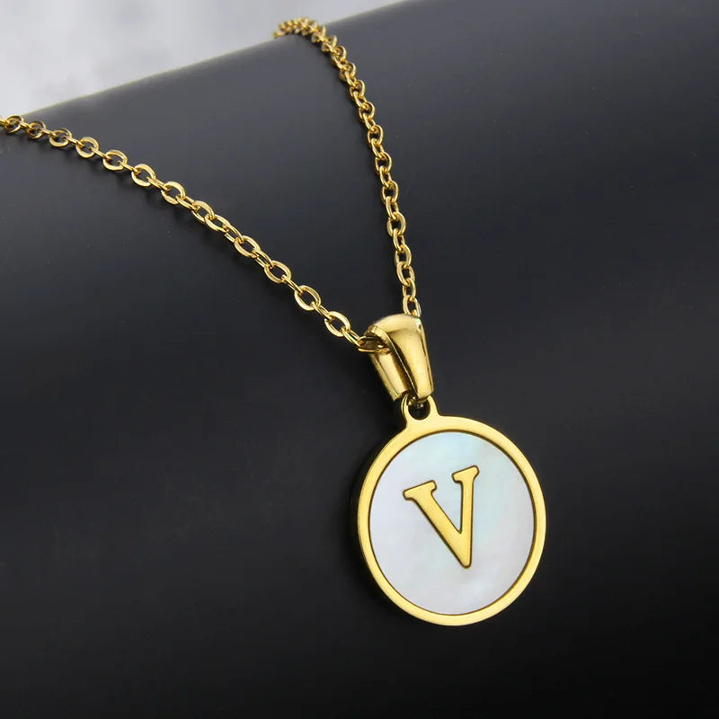 Initial Letter Necklaces for Women Trendy Stainless Steel Circle Couple Pendant Inlaid Shell Jewelry