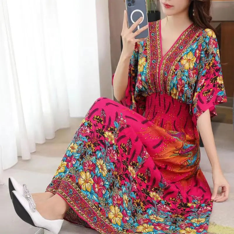 2025 Summer New Casual Elegant Retro Bohemian Style V-neck Elastic Waist Large Swing Printed Long Skirt Autumn Summer Dress