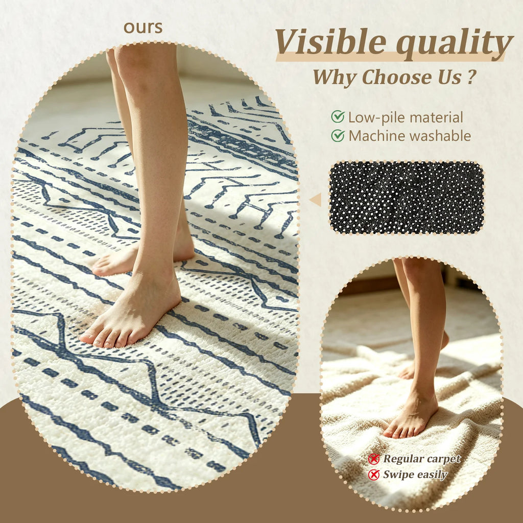 Large Indoor Area Rug: Soft Velvet, Low Pile, Non-Slip Dotted Backing, Machine Washable Navy Blue Tribal Geometric Zigzag Striped Rug for Living Room, Bedroom, Entryway