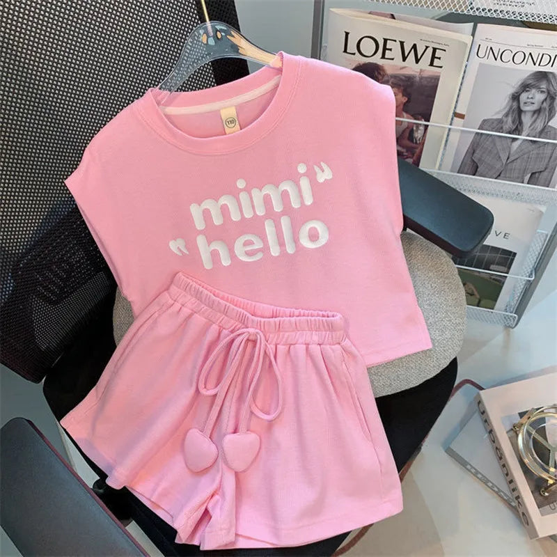 Girls Clothes Sets Summer Children Short-sleeved Suit Teenage Girls Letter T-shirt Shorts Tracksuit Outfit Sports Clothing Set