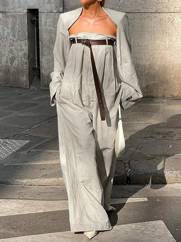 Freeacy Women's Stylish Jumpsuit Set Collarless Long Sleeve Outerwear and Strapless Wide Leg Jumpsuits Summer Loose Fit Suit