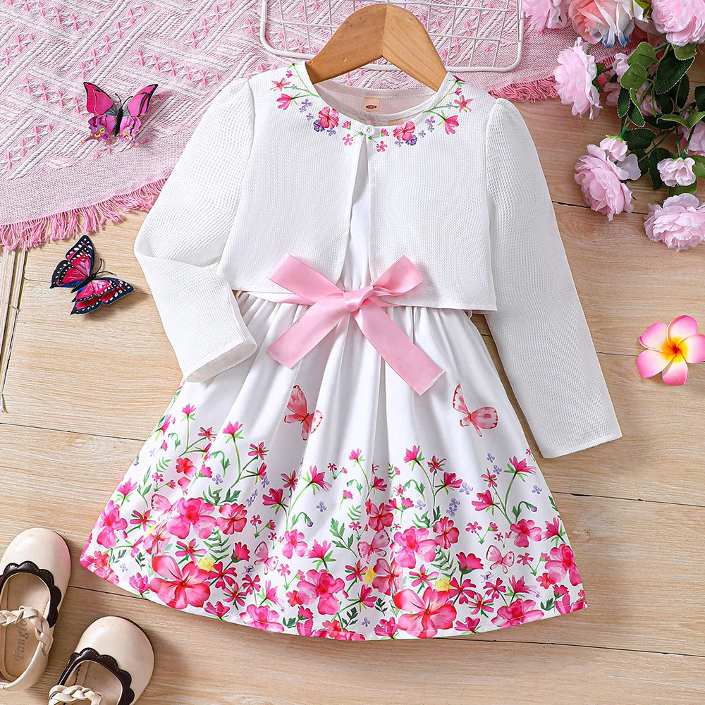 Kids Casual Clothing Sets Outfits for Girls Autumn Winter 2025 New Toddler Floral Print Long Sleeve Coat Tank Dress Children