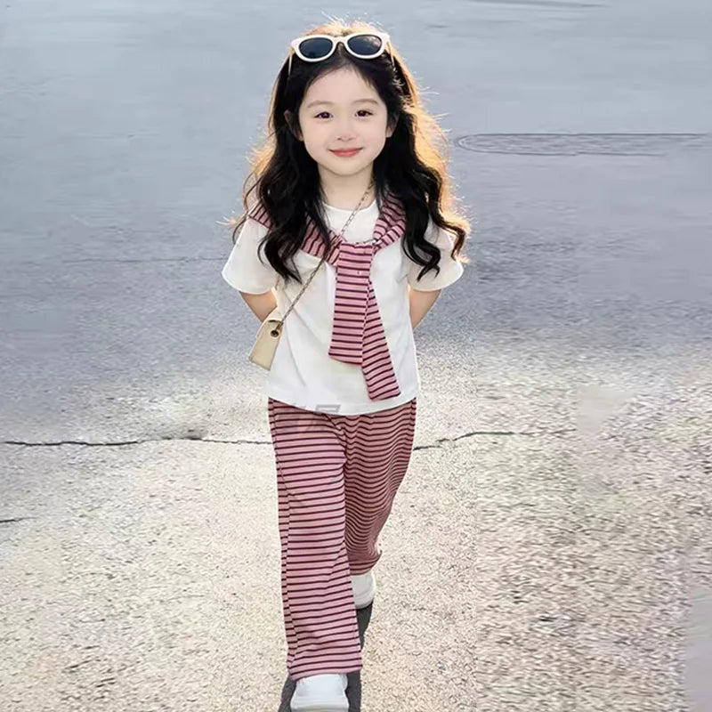Summer Girls Sets Children Short-sleeved Suit Kids T-shirt With Stripes Shawls+Wide-leg Pants 2Pcs Outfits Teen Casual Clothes