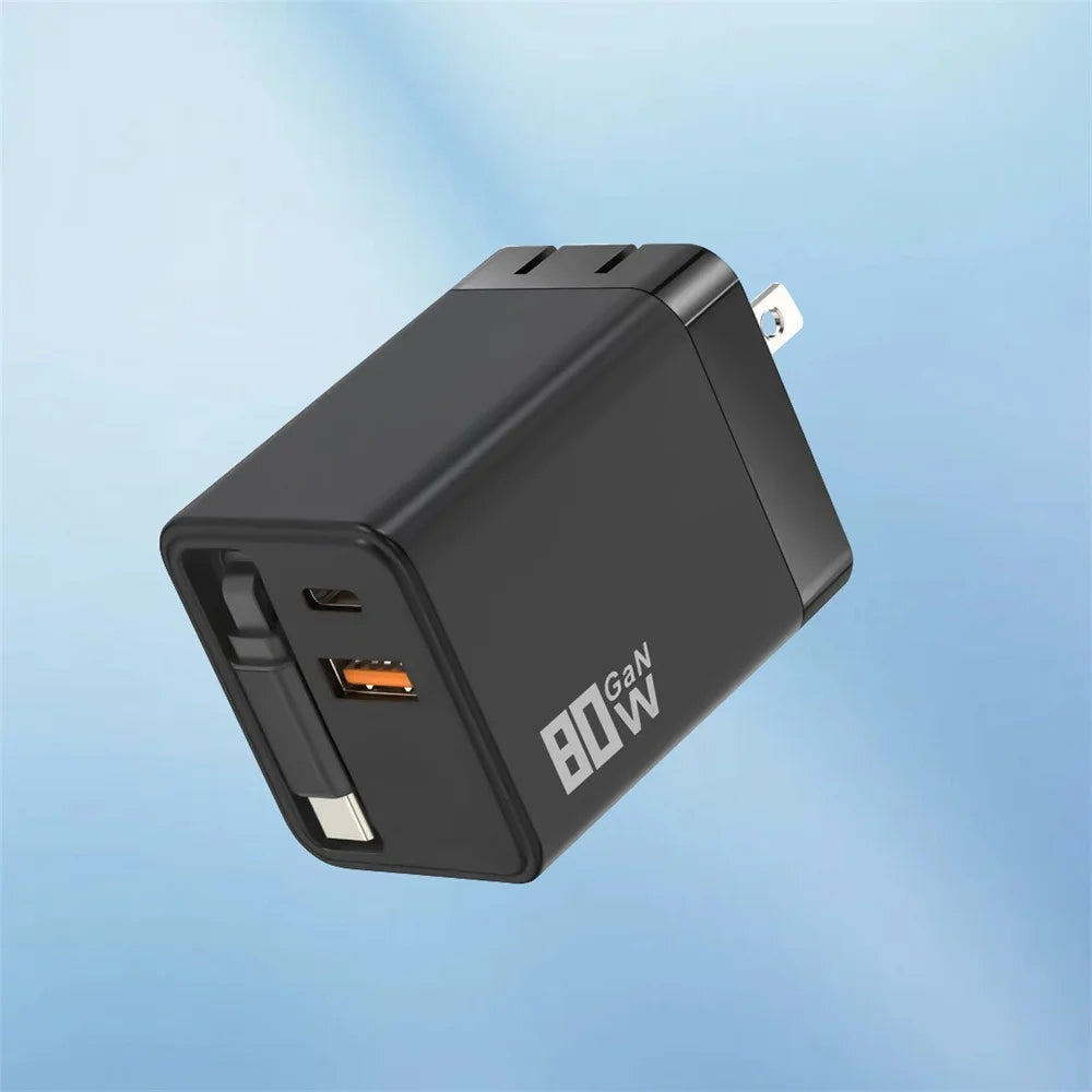 80W GaN USB Type C Charger Fast Charging With Built-in PD Cable USB C Quick Charger EU/US/UK Plug For iPhone 17 16 Xiaomi Huawei