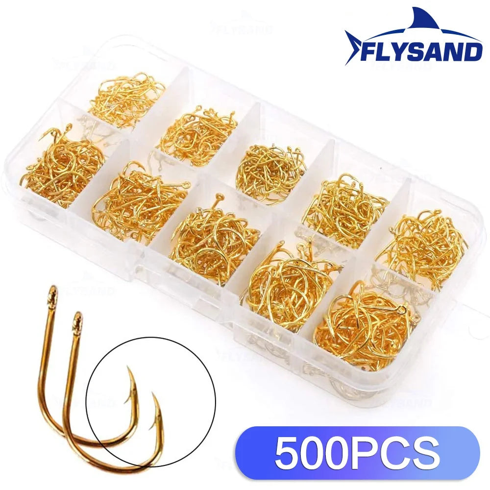 FLYSAND 100pcs/500pcs High Carbon Steel Fishing hooks Mixed Size Barbed jig hook Carp Fishing Jig Head Fly fishing Accessories
