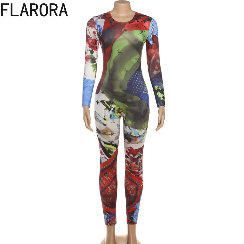 FLARORA Vintage Colorful Print Jumpsuits Woman Round Neck Full Sleeve Skinny Peach Hip Jumpsuit Midnight Street Stretch Overalls