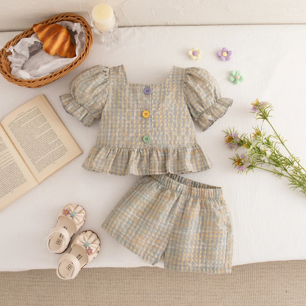 Girls Casual Clothes Outing Summer Baby Girl Colorful Plaid Cotton Set Short Sleeved Tops with Shorts 2 Pieces