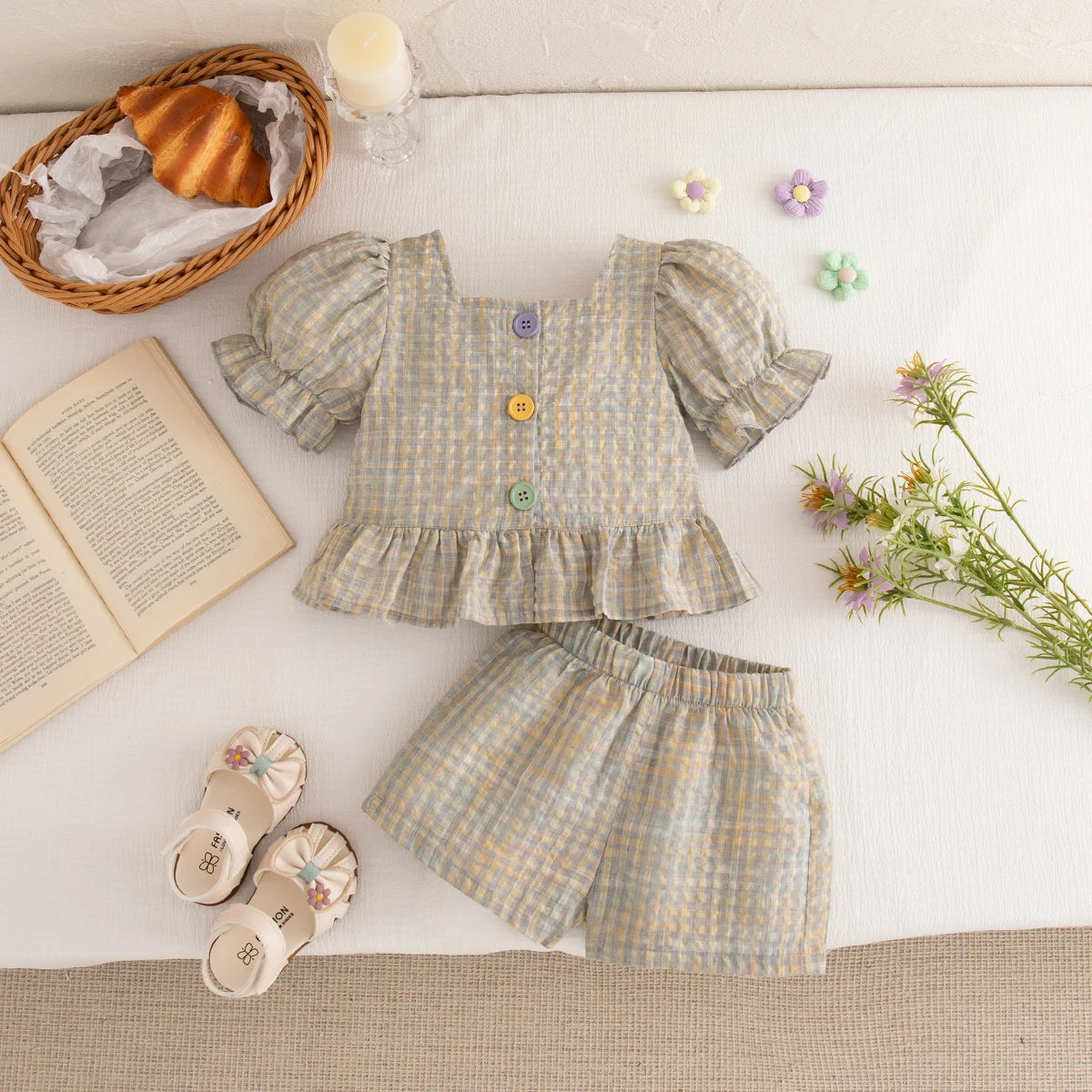 Girls Casual Clothes Outing Summer Baby Girl Colorful Plaid Cotton Set Short Sleeved Tops with Shorts 2 Pieces