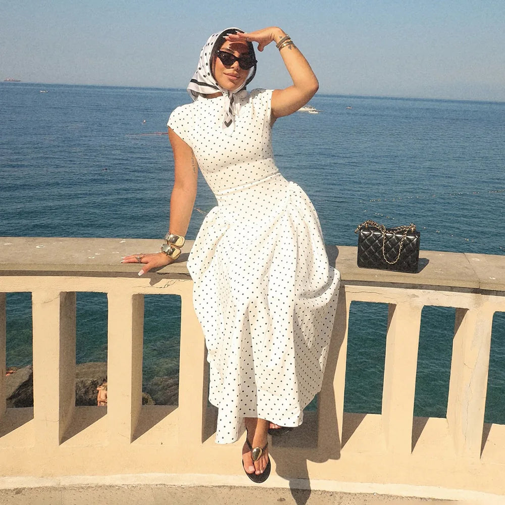 Elegant Polka Dot Long Dress Women's High Waist A-line Maxi Dresses Evening Party Summer Holiday Resort Blue Black Green White