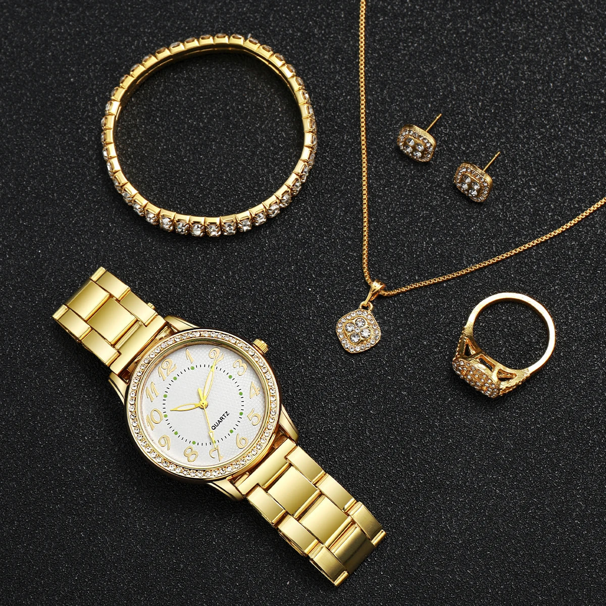 6PCS/Set Fashion Arabic Dial Women Quartz Wristwatch Alloy Strap Watches For Ladies Clock With Diamond Jewelry (Without Box)