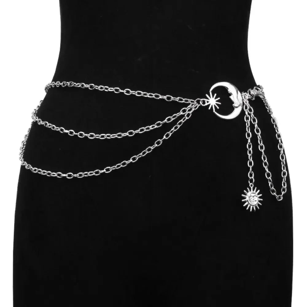 Punk Hip Hop Style Thin Waist Chain Sun Moon Star Women Chain Belt Vintage Fashion Metal Alloy Waistband Clothing Accessories