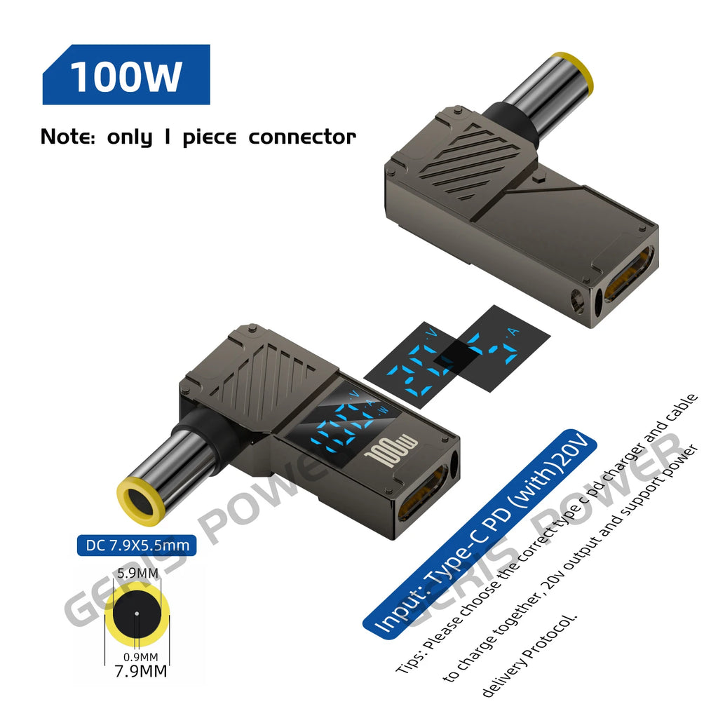 LED Display PD 100W Laptop Power Supply Adapter Charger Connector USB Type C PD to DC Jack Plug Converter for Lenovo Hp Dell