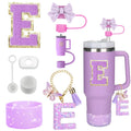 8PCS Accessories Set for Stanley Cup Purple 30oz 40oz tumbler Silicone Straw Topper Cover Cap Boot Handle Charm Initials Sticker