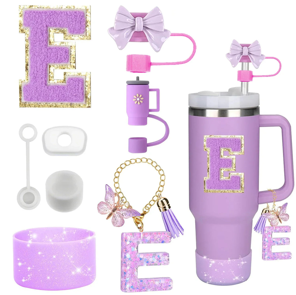 8PCS Accessories Set for Stanley Cup Purple 30oz 40oz tumbler Silicone Straw Topper Cover Cap Boot Handle Charm Initials Sticker