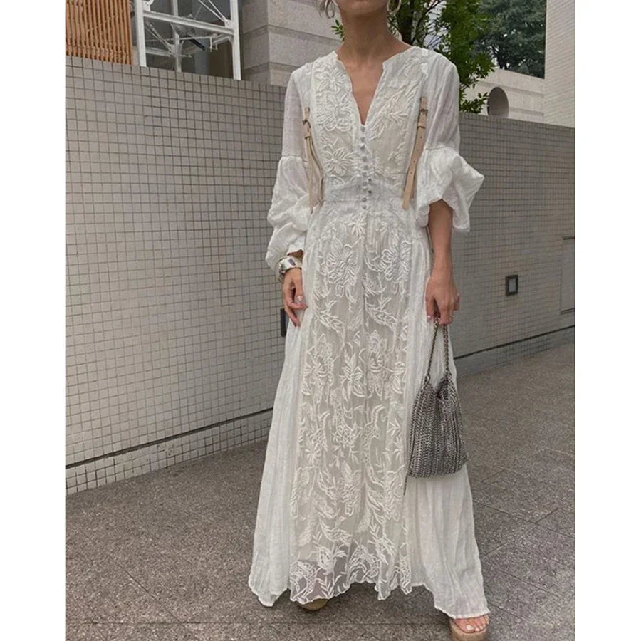 GypsyLady White Floral Embroidery Maxi Dress Vintage Boho Long Lantern Sleeve Dress Women V-neck Holiday Sexy Ladies Dresses