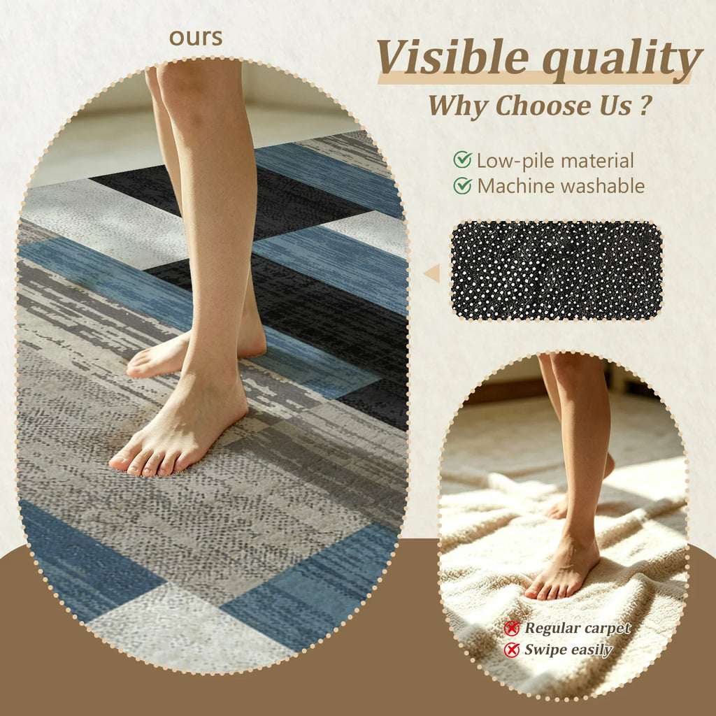 Large Indoor Area Rug Soft Velvet Low Pile with Non-Slip Dotted Backing, Machine Washable Modern Geometric Blue Gray Black Rug for Living Room Bedroom