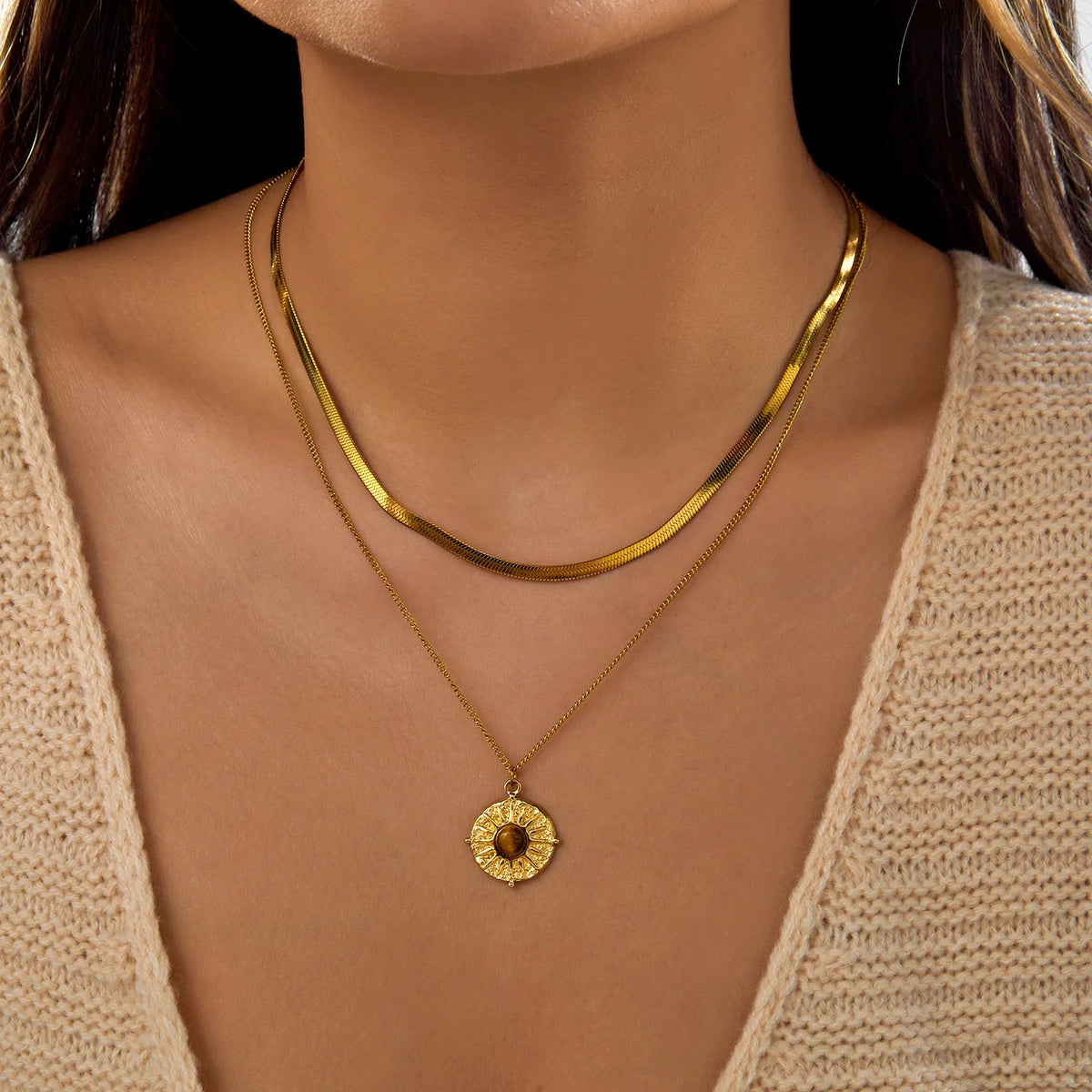Tiger Eye Stainless Steel Sun Layered Necklace Set for Women Gold Plated Herringbone Chain Party Jewelry Gift for Her Waterproof