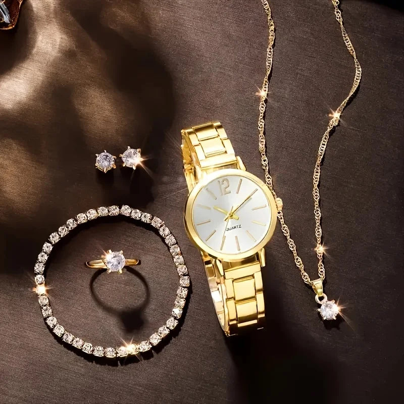 6pcs new luxury ladies' steel strap quartz watch+hot selling gorgeous diamond jewelry set