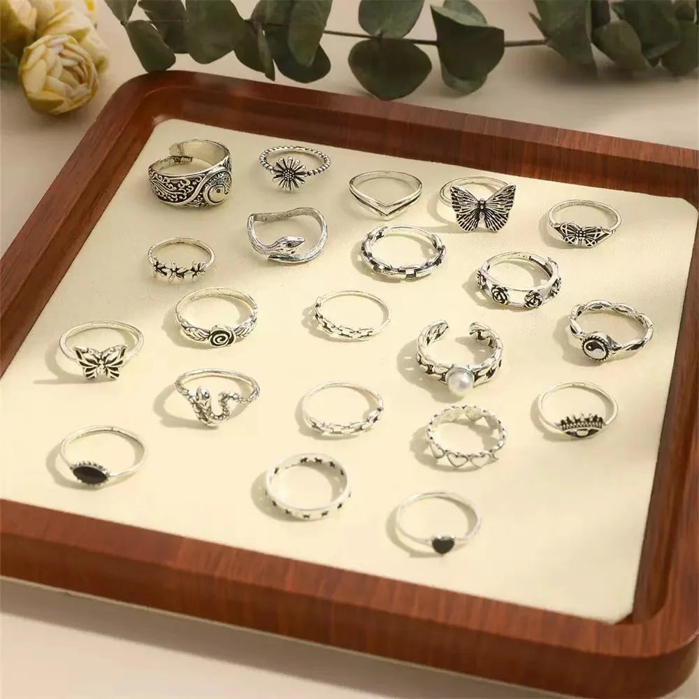 21PCS Cross-border New Punk-Style Butterfly Heart And Tai Chi design Multi-Element Snake Ring SSuits For Men And Women