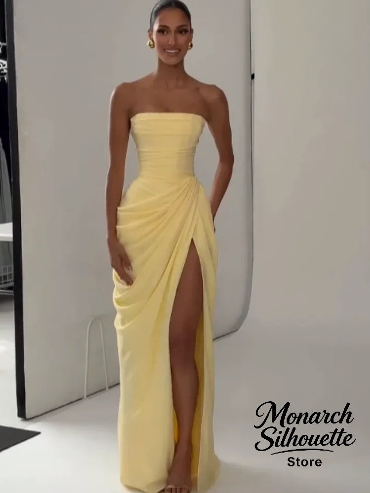 Elegant Yellow Strapless Pleated Long Dress Women Chic Solid Sleeveless Waist Cinching Split Gown 2026 Lady Evening Party Robes