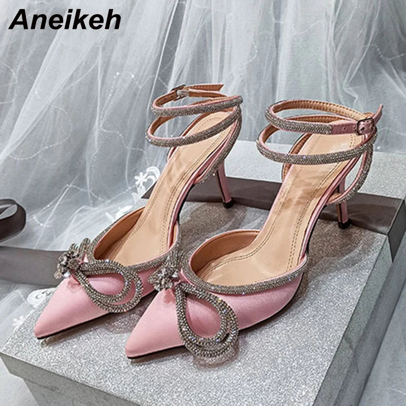 Aneikeh PVC Style Glitter Rhinestones Women Pumps Crystal Bowknot Satin Lady Silk High Heels Party Shoes 2025 Spring Size 35-42