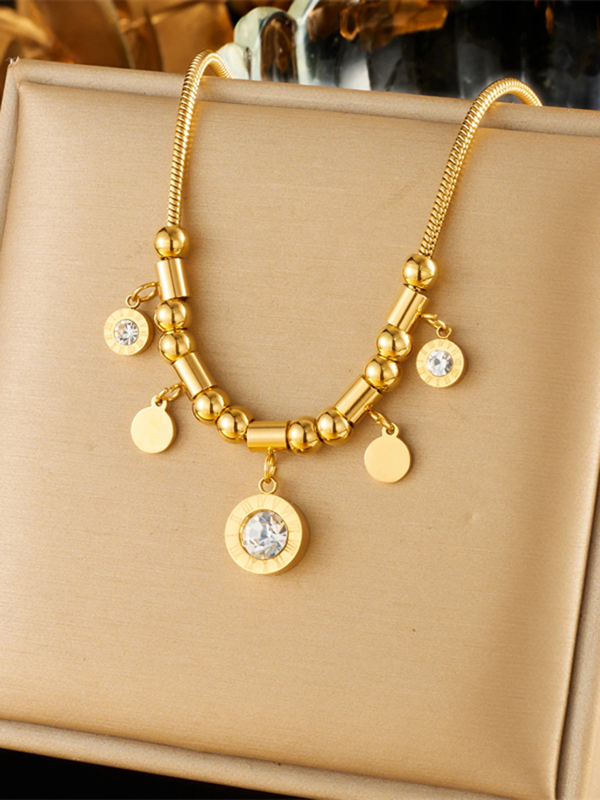 DIEYURO 316L Stainless Steel Round Roman Numeral Zircon Pendant Necklace For Women Vintage Ethnic Ladies Chain Jewelry Gifts