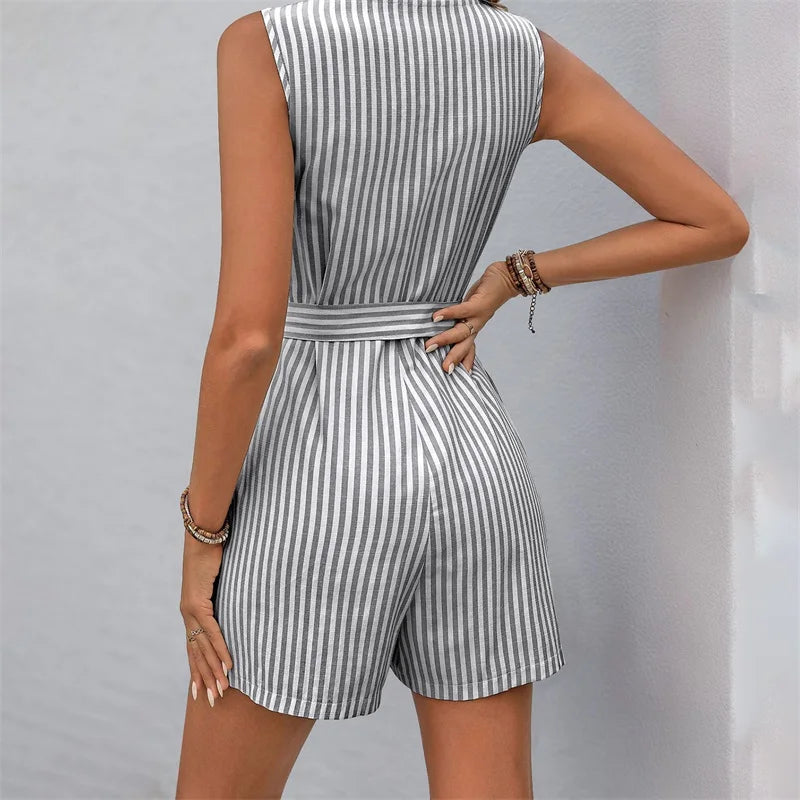Lamuusaa Women Playsuit Summer Stripe Print V Neck Sleeveless Loose Shorts Jumpsuit Romper with Belt and Pockets Streetwear