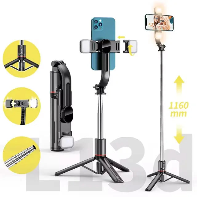 1.7m Extendable Live Tripod Selfie Stick Support LED Ring Dual Light Mirror Stand 4 in 1 Phone Mount for iPhone X 8 11 Android