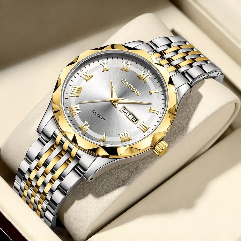 CADVAN Men's Luxury Steel Strap Calendar Watch with Stylish Stainless Steel Strap, Perfect Gift for Men's Watches - Boxed