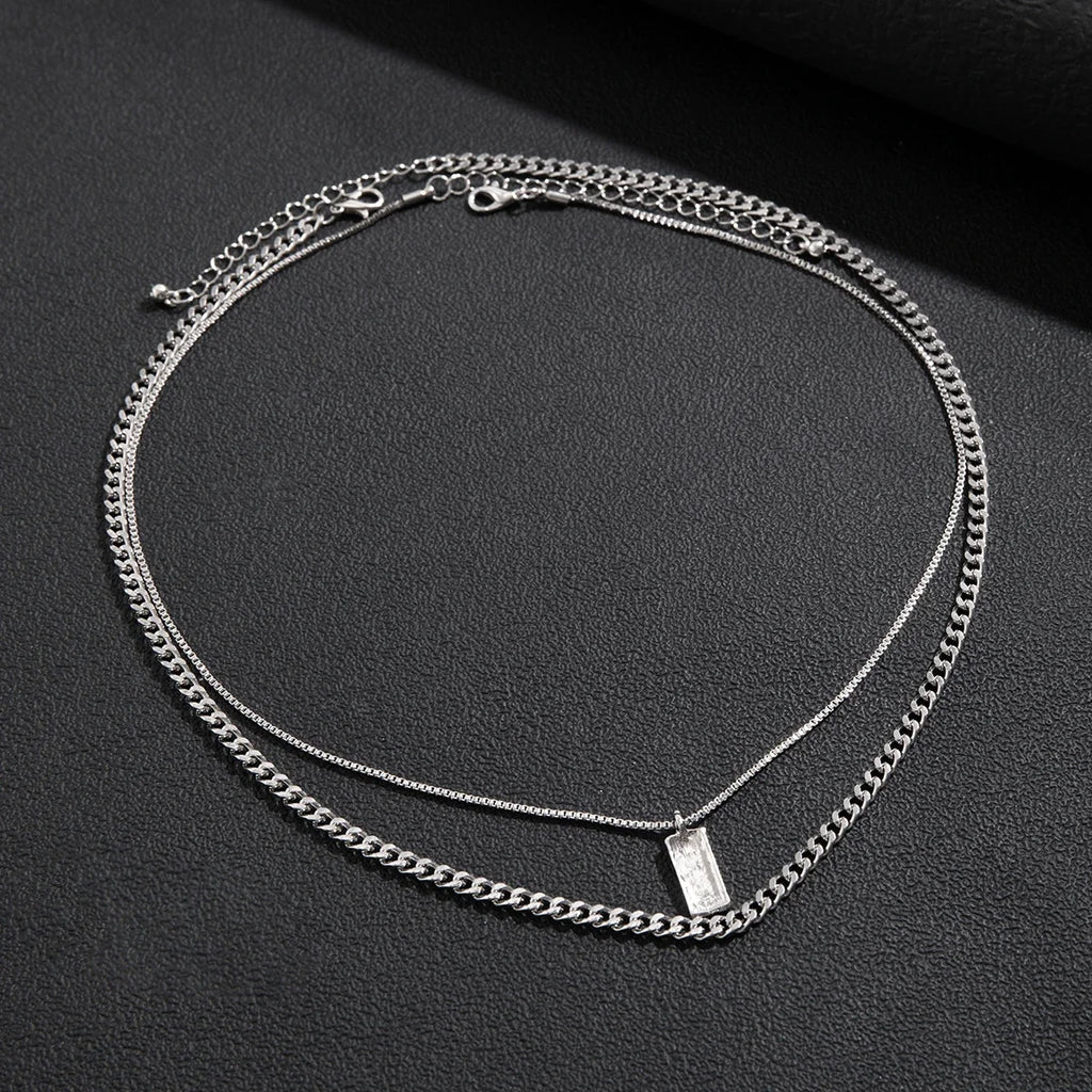 KunJoe 2pcs/set Rectangular Pendant Box Chain Necklace for Men Punk Silver Color Cuban Link Chain Choker Necklace Party