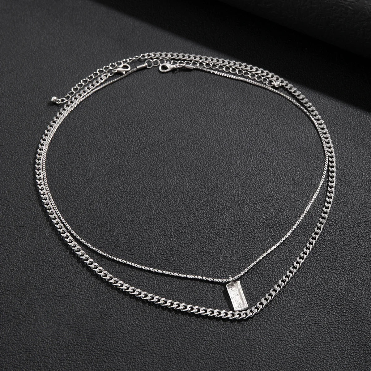 KunJoe 2pcs/set Rectangular Pendant Box Chain Necklace for Men Punk Silver Color Cuban Link Chain Choker Necklace Party