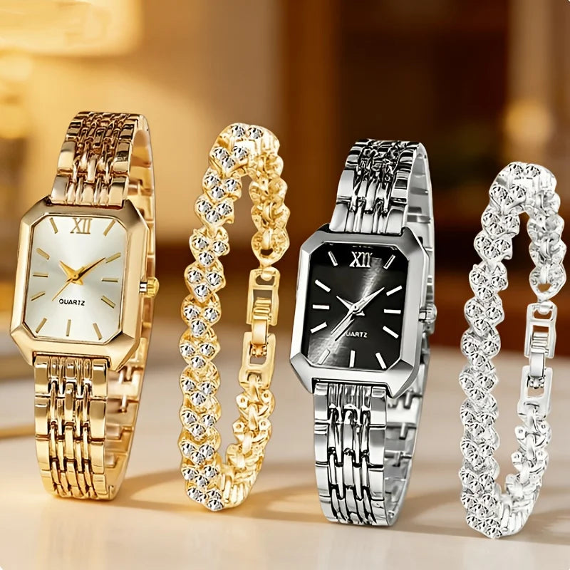 4PCS/Set Elegant Rectangle Women Watches Fashion Ladies Quartz Wristwatch Heart Bracelets Set Reloj Mujer Clock（Without Box）