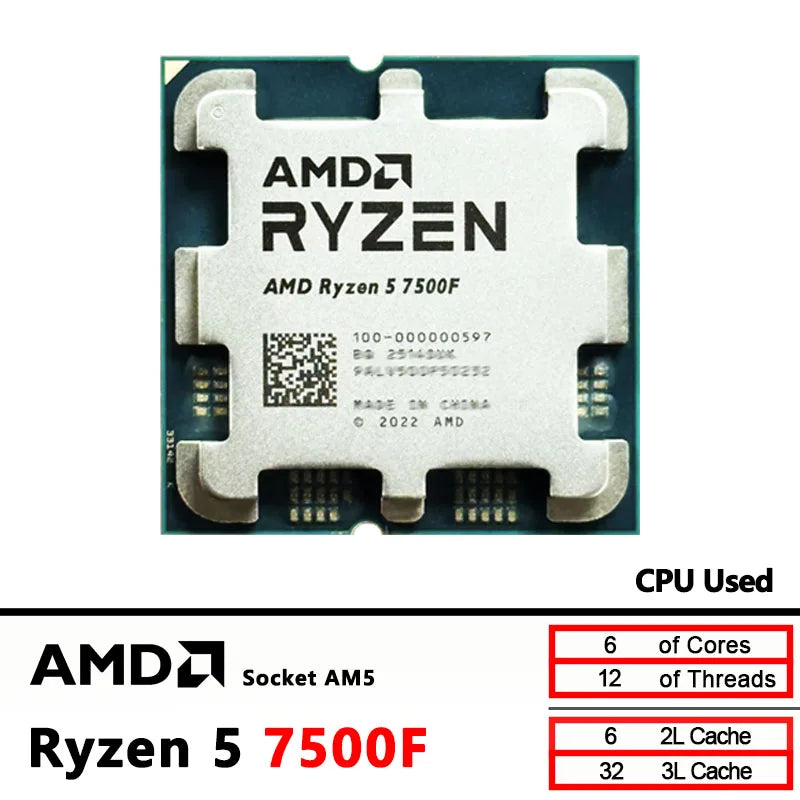 R5 7500F AMD Used Ryzen 5 7500F  6C/12T 65W 5NM L3=32M 100-000000926 Socket AM5
