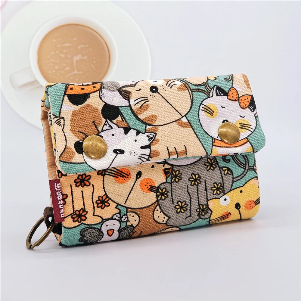 Handmade Three Fold Fabric Wallet Women Men Simple Short Zipper Purses for Teens Personality Multi-function Key Bag Card Holder