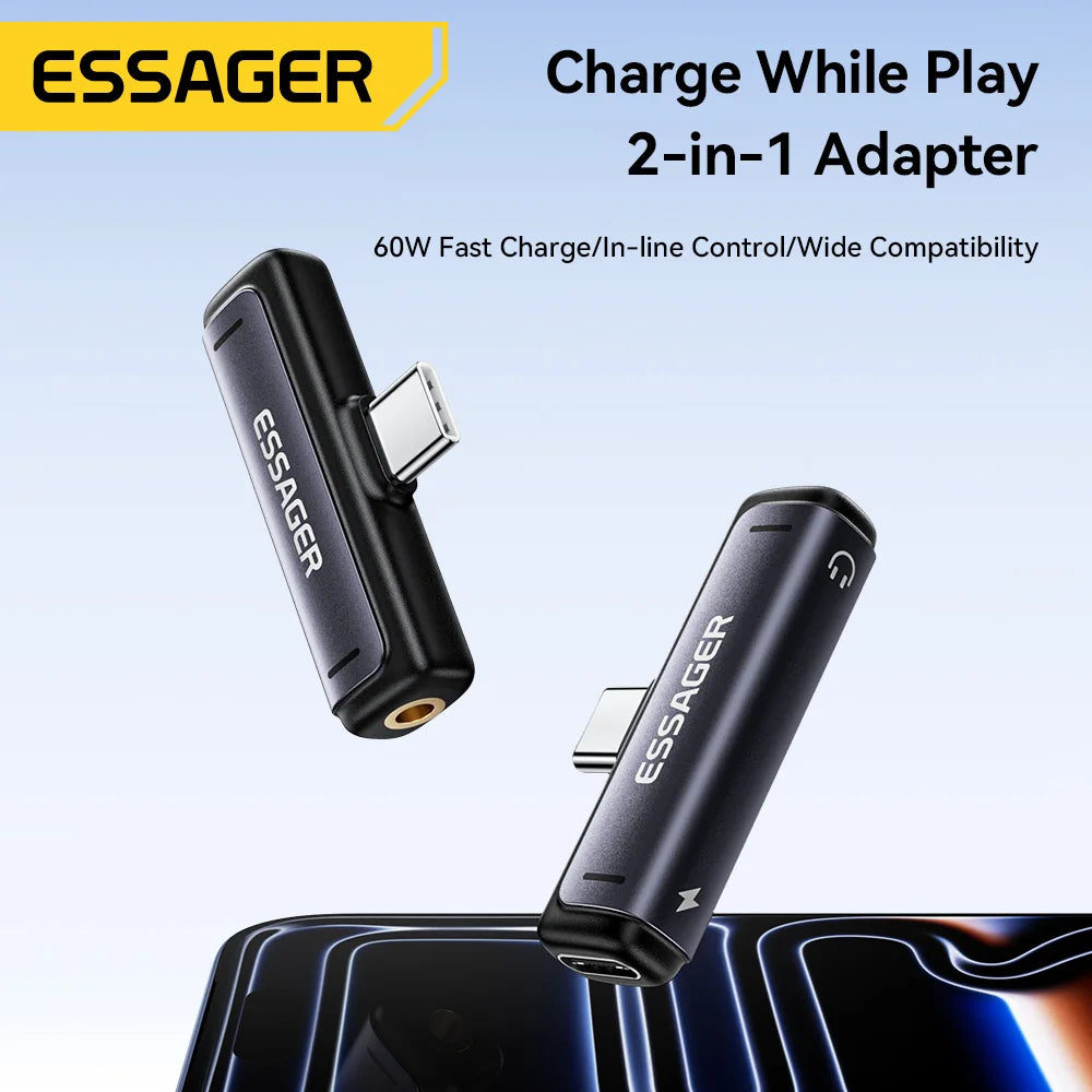 Essager 2-in-1 USB Type C Adapter 60W Charging & Audio Output Converter for MacBook iPhone Xiaomi  USB-C to 3.5mm Headphone Jack