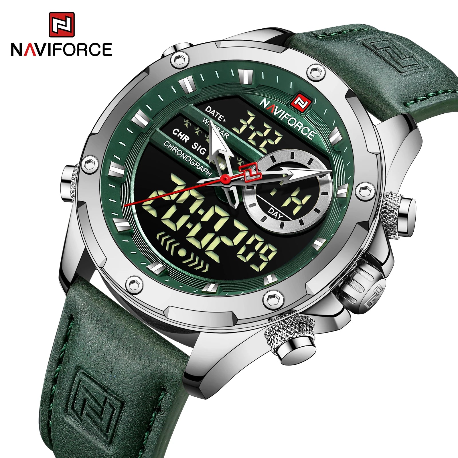 NAVIFORCE Luxury Original Watches For Men Casual Sport Chronograph Alarm Quartz WristWatch Leather Waterproof Digital Clock 9163