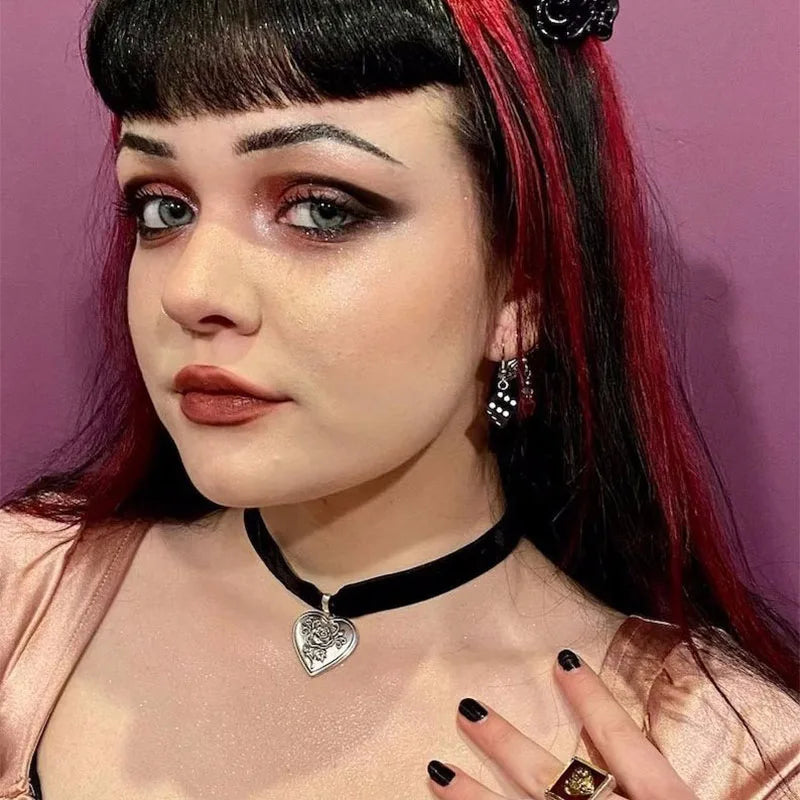 Velvet Heart Locket Choker Charm Necklace Retro Choker SIlver Pendant y2k funky cool cute fairy