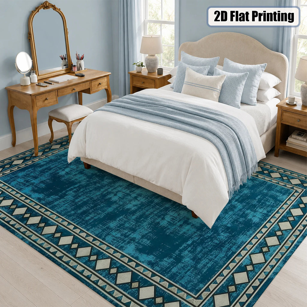 Large Indoor Area Rug, Soft Velvet Low Pile with Non-Slip Dotted Backing, Machine Washable Teal Tribal Geometric Border Rug for Living Room and Bedroom