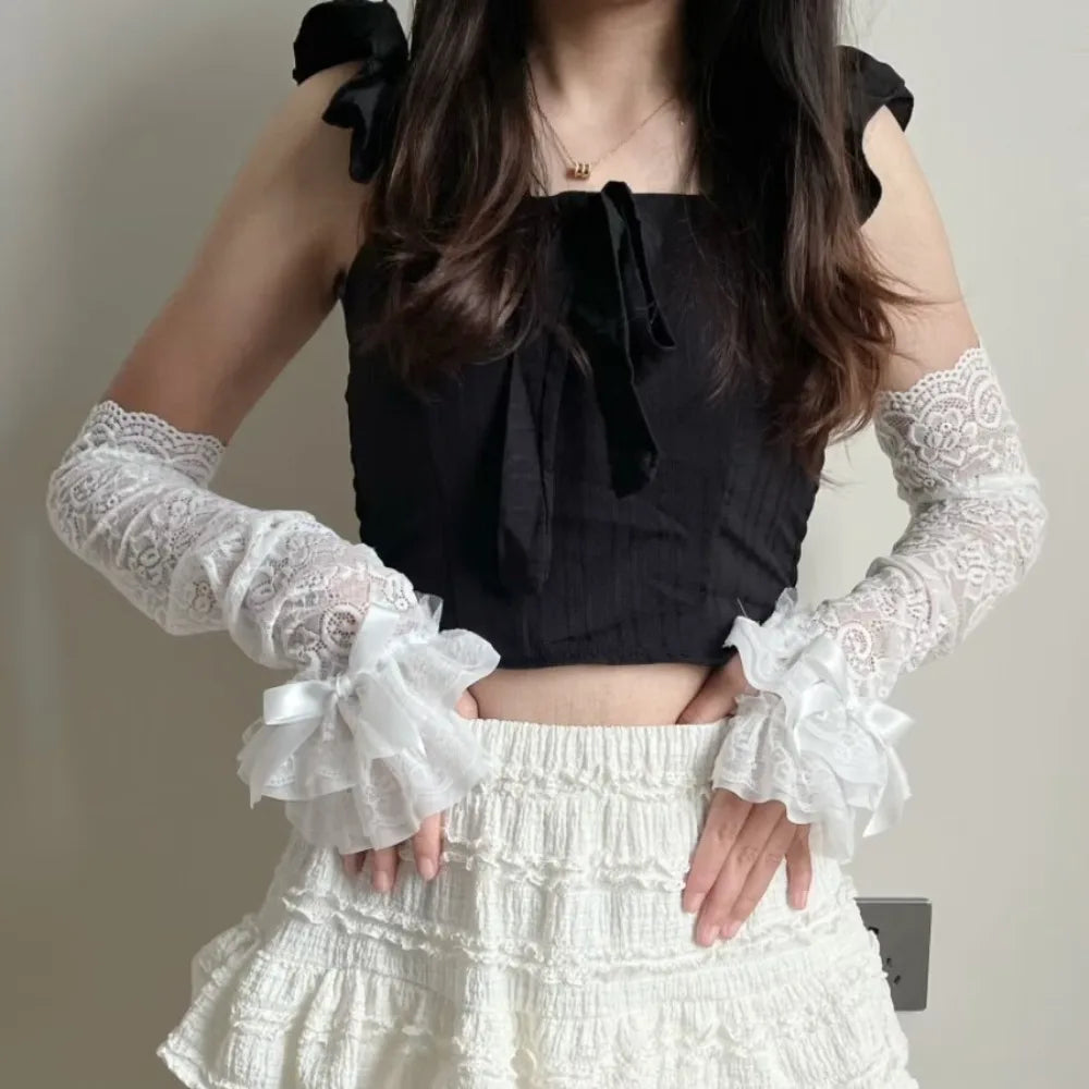 Graceful Lace Bowknot Womens Sleeve Sun Protection Hollow Out Lace Fingerless Gloves Y2K Bridal Wrist Gloves