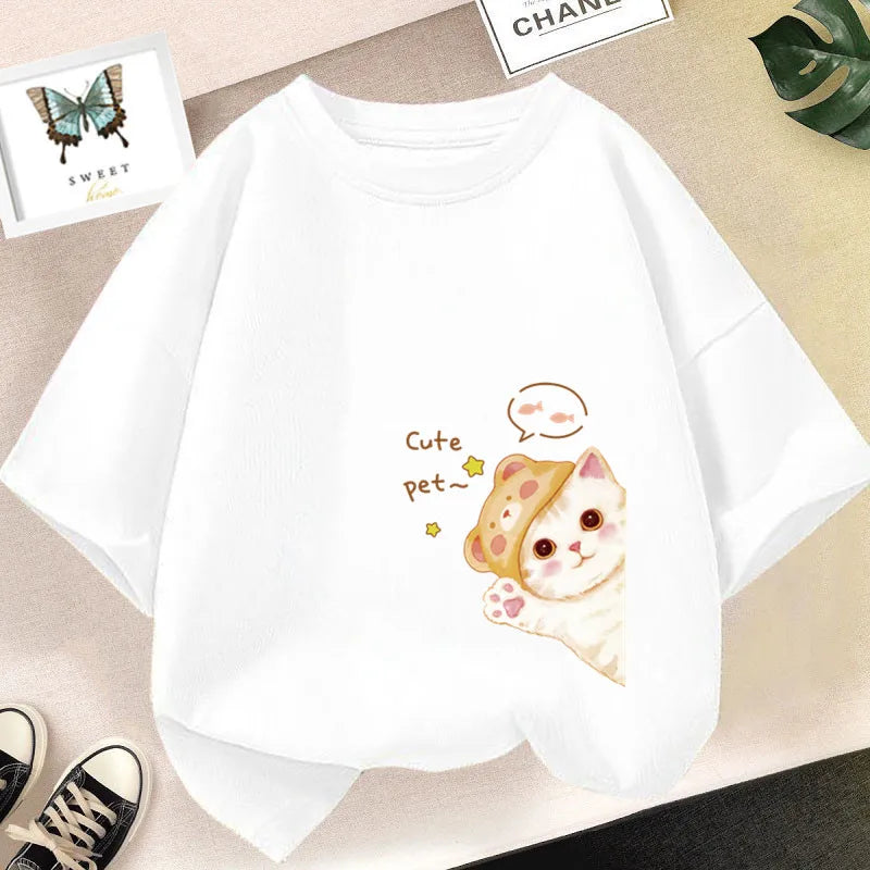 Girls Clothes 2024 Summer Fashion T-Shirt Fun And Cute Cat Kitten Print Short-Sleeved Tops Children Summer Clothes